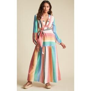 Billabong x Sincerely Jules rainbow striped vneck maxi dress Size XS Boho